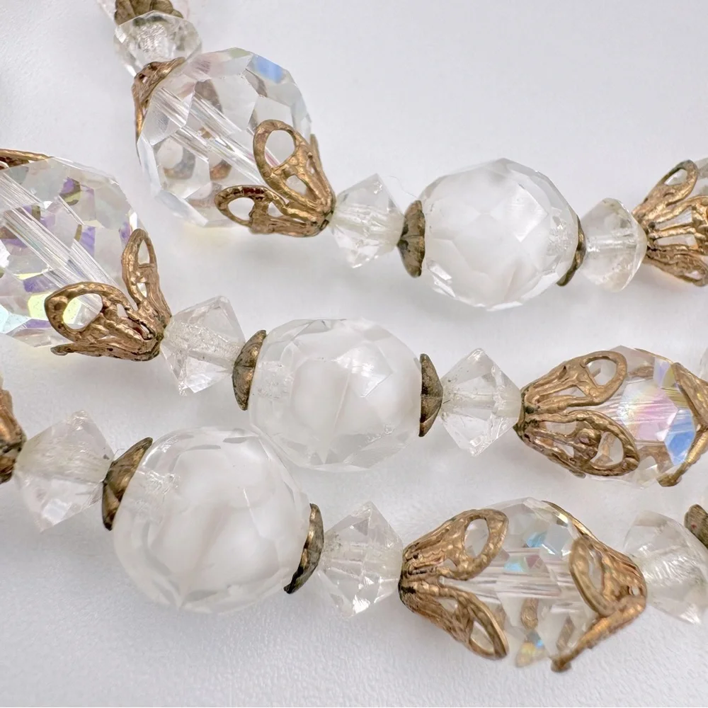 Vintage Givre Glass AB Crystal Bead Triple Strand Necklace Filigree Romantic - Picture 10 of 15